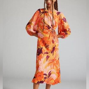 NWT FARM Rio Puff-Sleeve Cutout Slip Dress Midi Women’s XS Jungle Panther